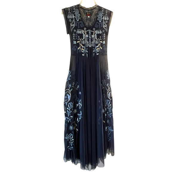JOHNNY WAS BIYA Mesa Size Small Navy Blue Mesh Floral Embroidery Boho Maxi Dress - Picture 16 of 16